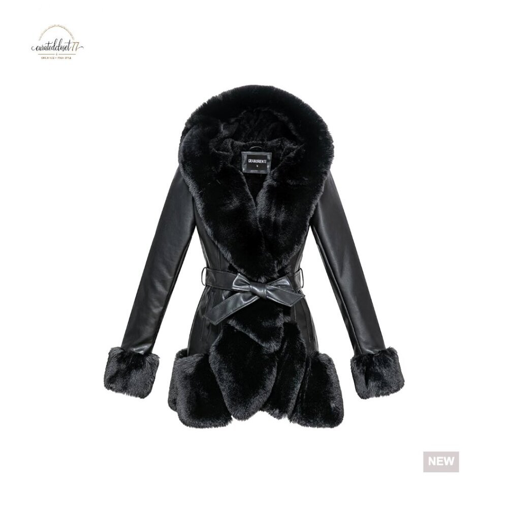 Faux Leather Coat with Faux Fur Collar Belted Mid Length Winter Jacket Hooded